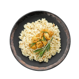 Delicious risotto with chicken isolated on white, top view