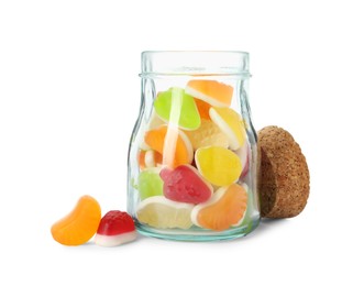 Delicious gummy fruit shaped candies in jar isolated on white