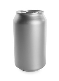 Silver can with beverage isolated on white. Mockup for design