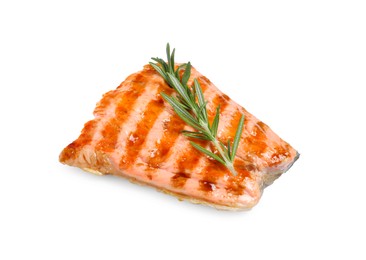 Tasty grilled salmon with rosemary on white background