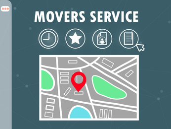 Movers service. Illustration of map and location symbol on color background 