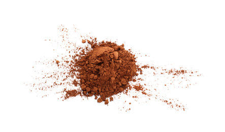 Pile of brown cocoa powder on white background