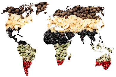 Double exposure of world map and different spices on white background. Logistic and wholesale concept