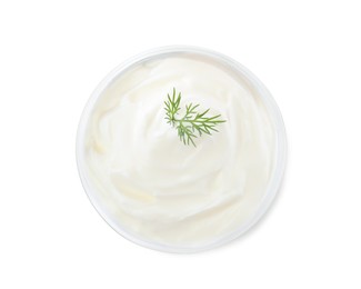 Delicious sour cream with dill in bowl on white background, top view