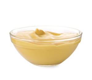 Photo of Spicy mustard in glass bowl isolated on white