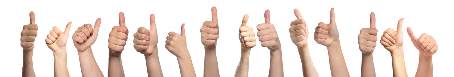Collage with photos of people showing thumbs up gestures on white background. Banner design