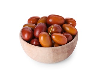 Ripe red dates in wooden bowl on white background