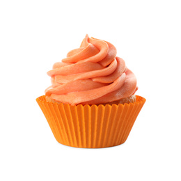 Delicious birthday cupcake decorated with orange cream isolated on white