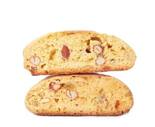 Photo of Slices of tasty cantucci with pistachio on white background. Traditional Italian almond biscuits