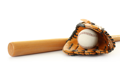 Leather baseball ball, bat and glove on white background