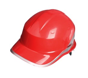 Red protective hard hat isolated on white. Safety equipment