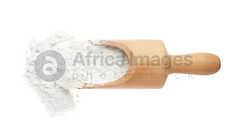 Scoop with flour isolated on white, top view