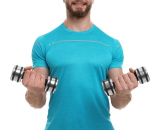 Photo of Man exercising with dumbbells on white background, closeup