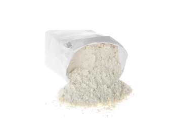 Overturned paper bag with flour isolated on white