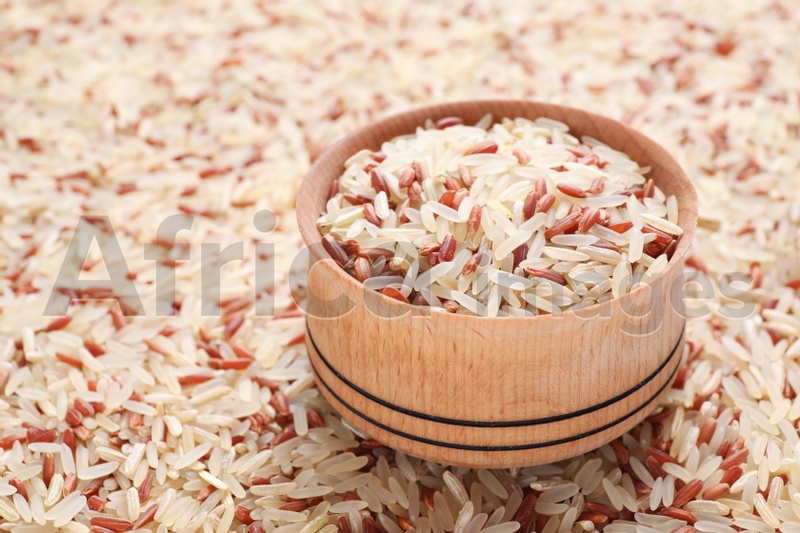 Mix of brown and polished rice with bowl, closeup
