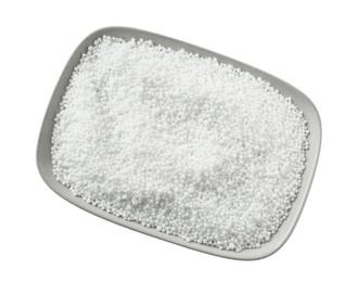 Pellets of ammonium nitrate isolated on white, top view. Mineral fertilizer