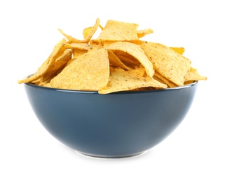 Blue bowl with tasty Mexican nachos chips on white background