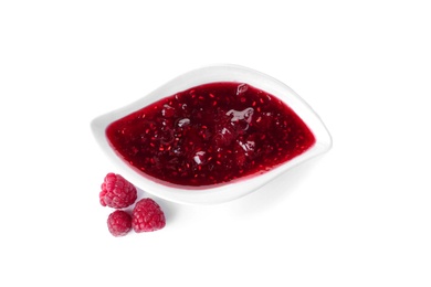Gravy boat with delicious raspberry jam on white background