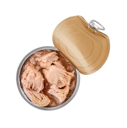 Tin can with conserved tuna on white background, top view