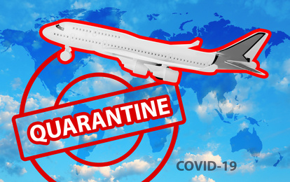 Closure of air traffic during coronavirus outbreak. Airplane and stamp with inscription QUARANTINE