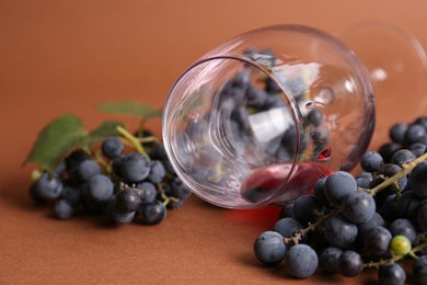 Overturned glass with red wine and grapes on brown background, closeup