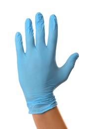 Person in blue latex gloves against white background, closeup on hand