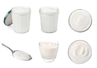 Set with delicious organic yogurts on white background