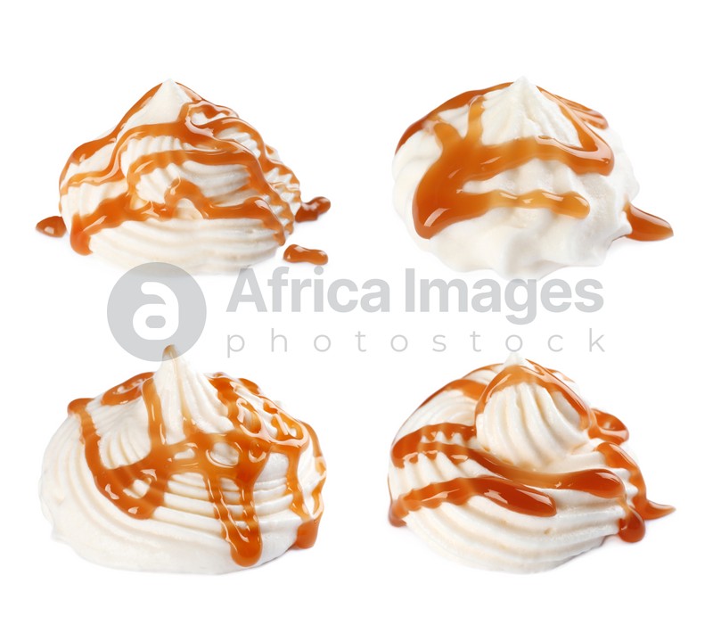 Set of delicious fresh whipped cream with caramel syrup on white background