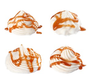 Set of delicious fresh whipped cream with caramel syrup on white background