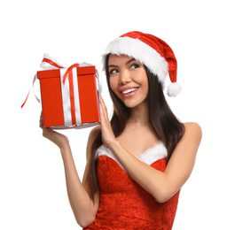 Beautiful Asian woman in Santa costume with Christmas gift on white background