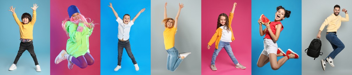 Image of Collage with photos of people wearing trendy clothes and having fun on different color backgrounds