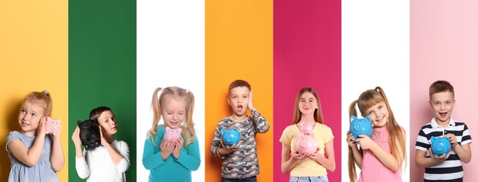 Collage with photos of children holding piggy banks on different color backgrounds. Banner design