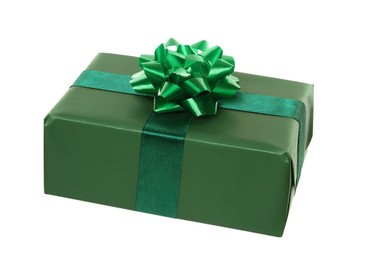 Green gift box with bow isolated on white