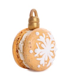 Photo of Beautiful macaron decorated as Christmas ball isolated on white