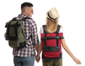 Couple with backpacks on white background, back view. Summer travel