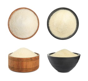 Gelatin powder in bowls on white background, collage 