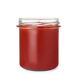 Glass jar of delicious ketchup isolated on white
