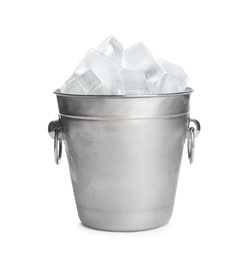 Metal bucket with ice cubes isolated on white