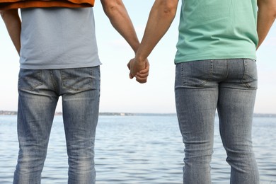 Gay couple holding hands together near river on sunny day, back view