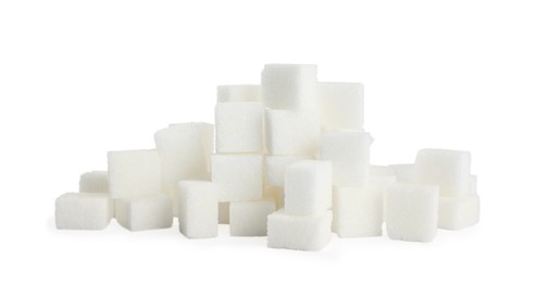 Pile of refined sugar cubes on white background