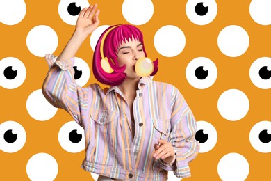 Young woman in drawn colorful wig with headphones dancing on orange spotted background. Bright creative collage design