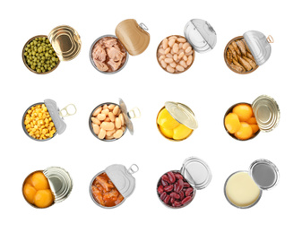 Image of Set of different canned food on white background, top view