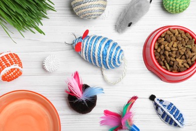 Flat lay composition with different pet toys and feeding bowls on white wooden background
