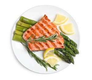 Tasty grilled salmon with asparagus, lemon and rosemary on white background, top view