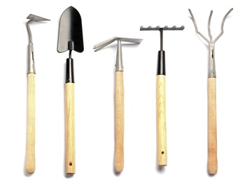 Set of gardening tools on white background, top view