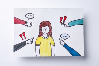 Drawing of people bullying sad woman on white background, top view
