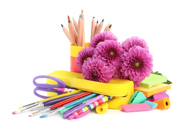 Beautiful flowers and stationery on white background. Teacher's Day