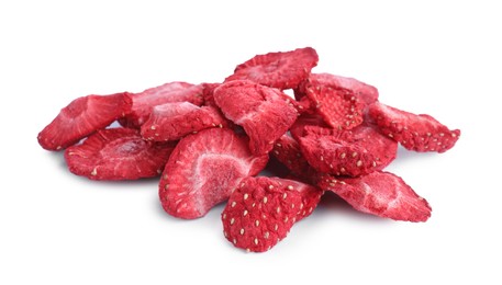 Photo of Pile of freeze dried strawberries on white background