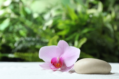 Stone and beautiful flower on sand against blurred green background. Zen, meditation, harmony