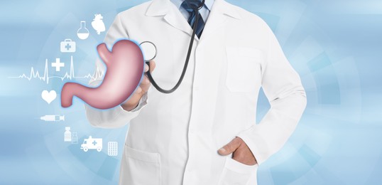 Illustration of stomach and mature doctor with stethoscope on light blue background, closeup. Banner design